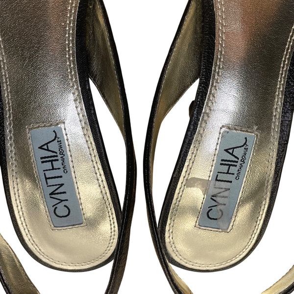 Cynthia Rowley Women’s Black Leather Gold Bow Slingback Pointed Toe Heels Sz 9M