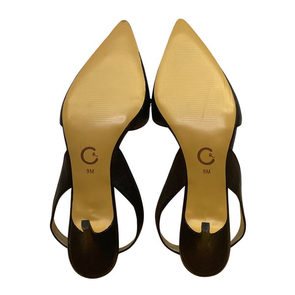 Cynthia Rowley Women’s Black Leather Gold Bow Slingback Pointed Toe Heels Sz 9M