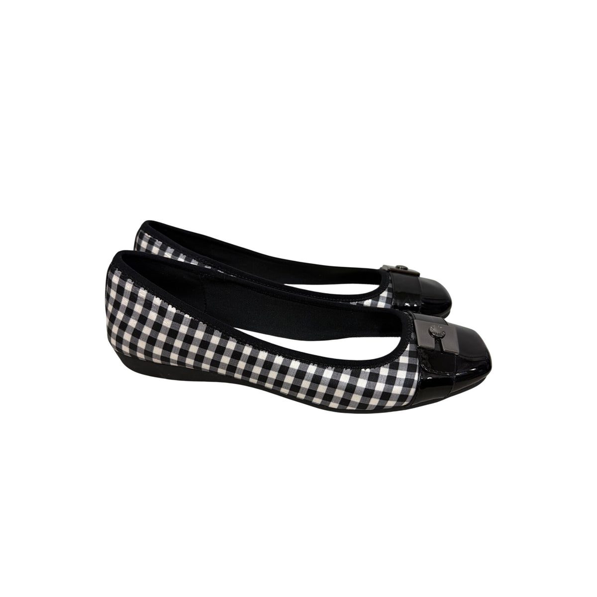 Anne Klein Womens Black/White Textile Ballet Flats 8.5M Gingham & Patent Accents