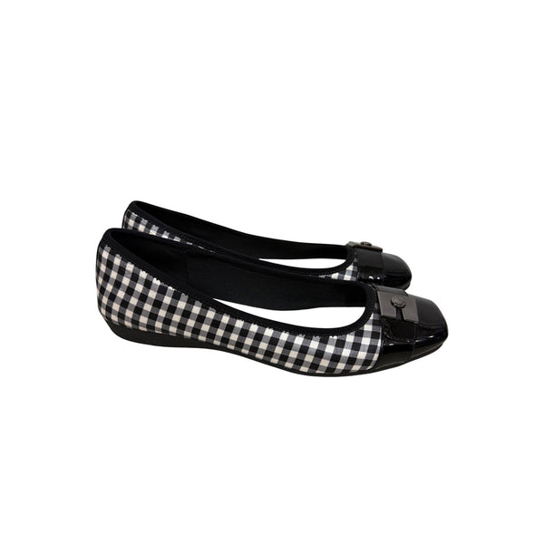 Anne Klein Womens Black/White Textile Ballet Flats 8.5M Gingham & Patent Accents
