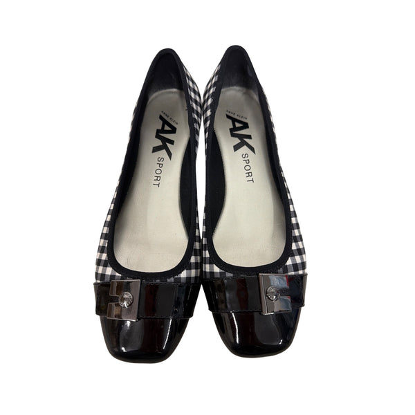 Anne Klein Womens Black/White Textile Ballet Flats 8.5M Gingham & Patent Accents