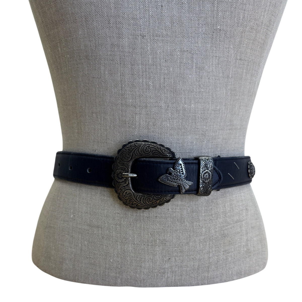 Vintage Black Leather Belt With Silver Ornate Western Buckle & Butterfly Accents