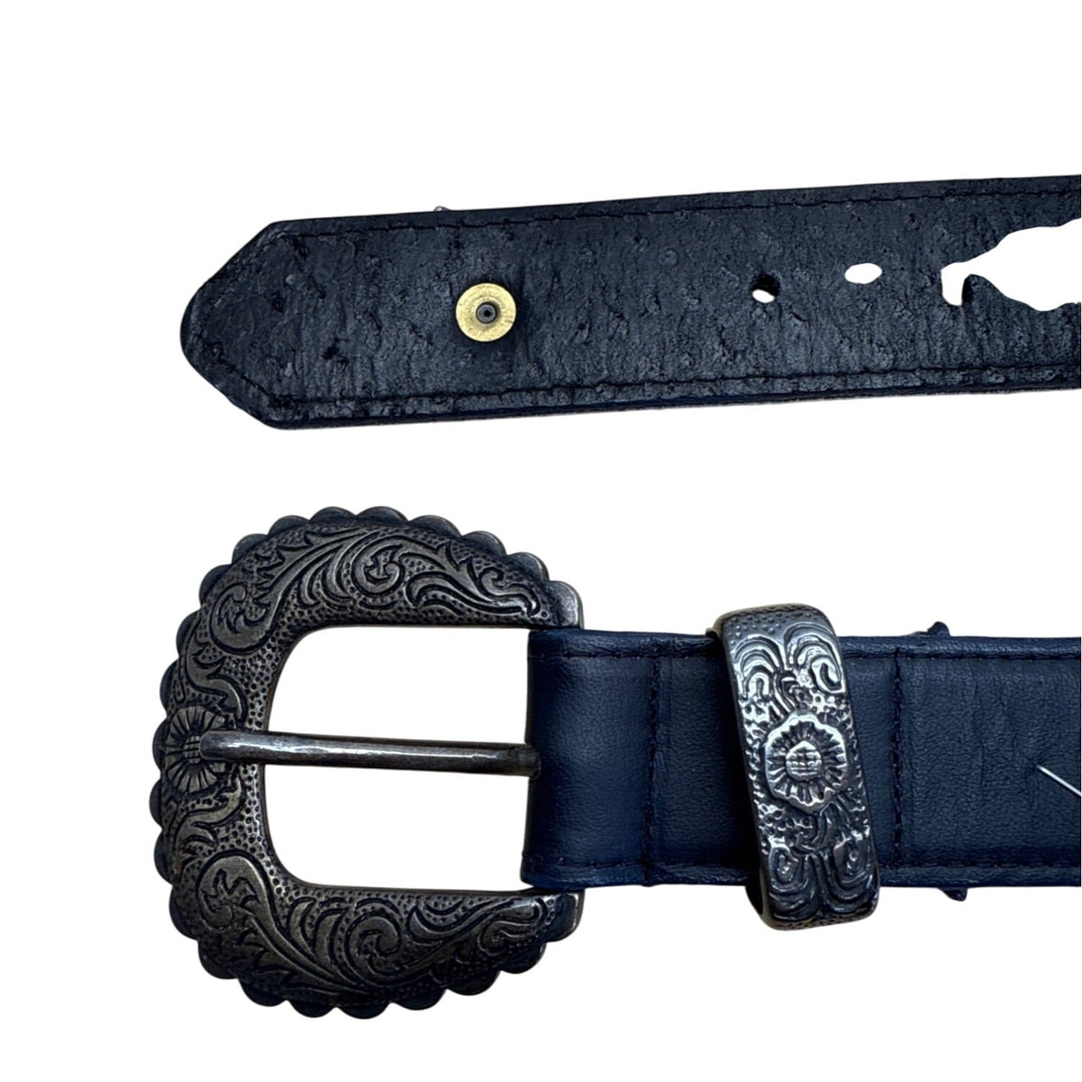 Vintage Black Leather Belt With Silver Ornate Western Buckle & Butterfly Accents