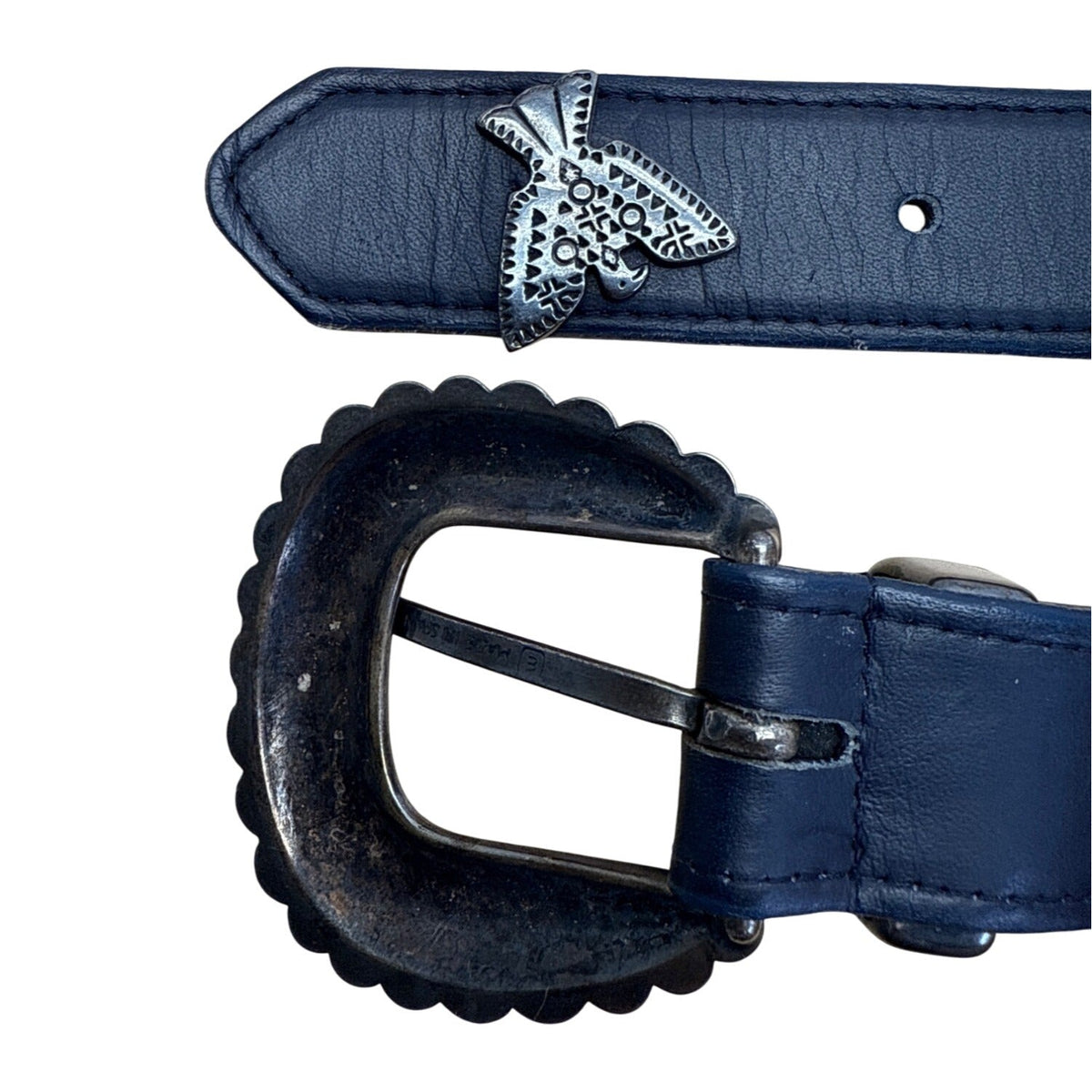 Vintage Black Leather Belt With Silver Ornate Western Buckle & Butterfly Accents