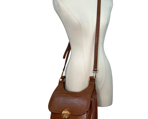 Unbranded Brown Faux Embossed Leather Gold Turn-Lock Closure Crossbody Bag Sz M