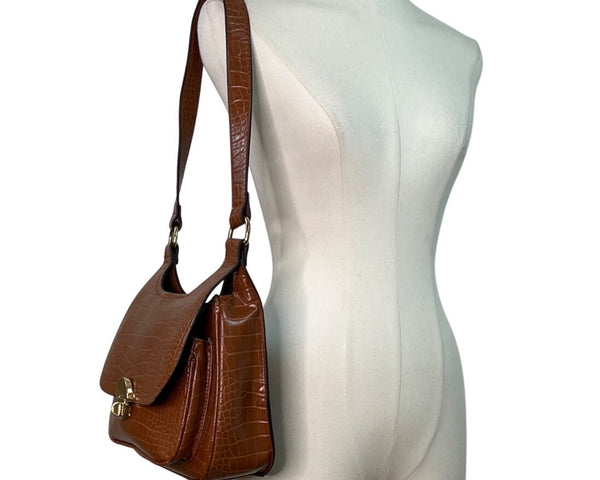 Unbranded Brown Faux Embossed Leather Gold Turn-Lock Closure Crossbody Bag Sz M
