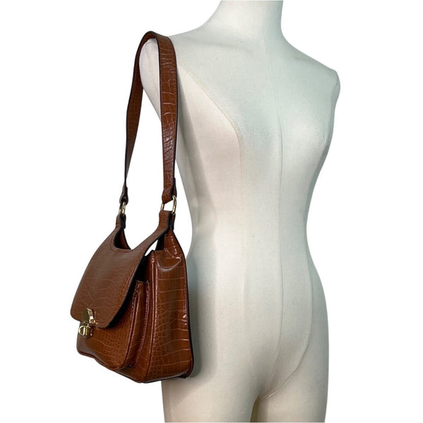 Unbranded Brown Faux Embossed Leather Gold Turn-Lock Closure Crossbody Bag Sz M