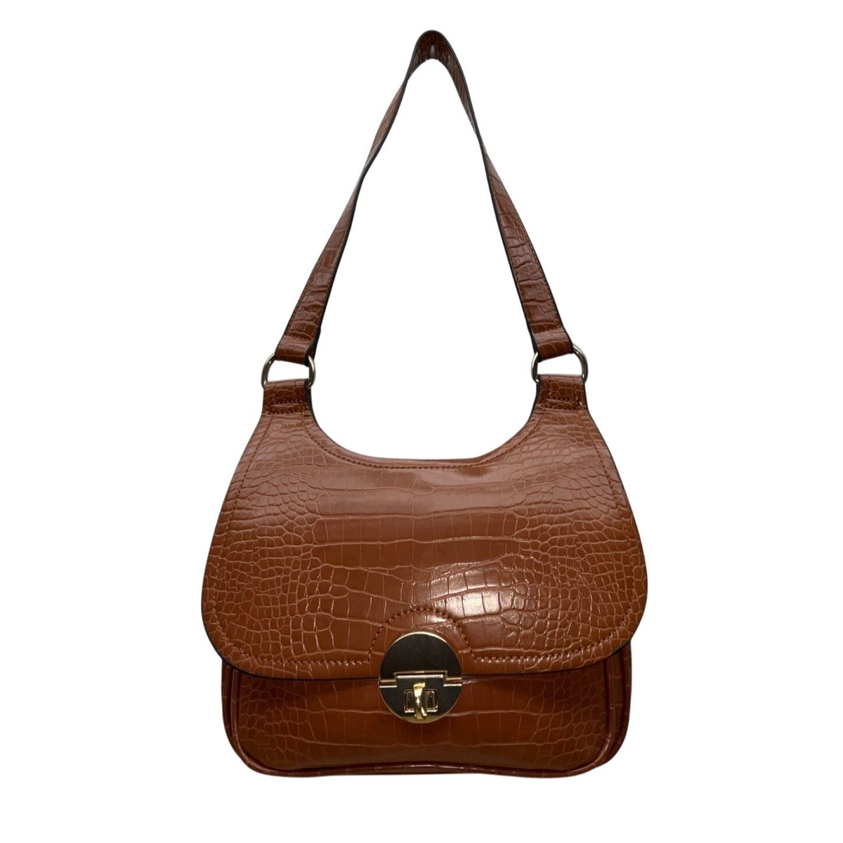 Unbranded Brown Faux Embossed Leather Gold Turn-Lock Closure Crossbody Bag Sz M