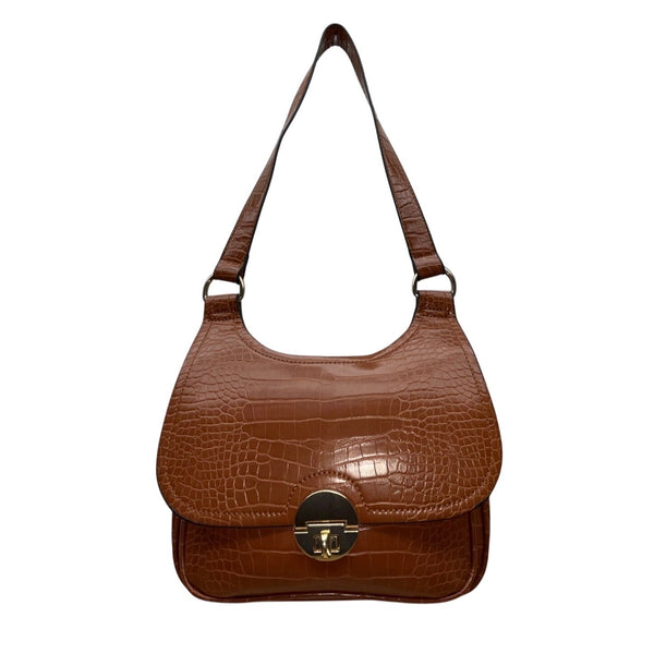 Unbranded Brown Faux Embossed Leather Gold Turn-Lock Closure Crossbody Bag Sz M