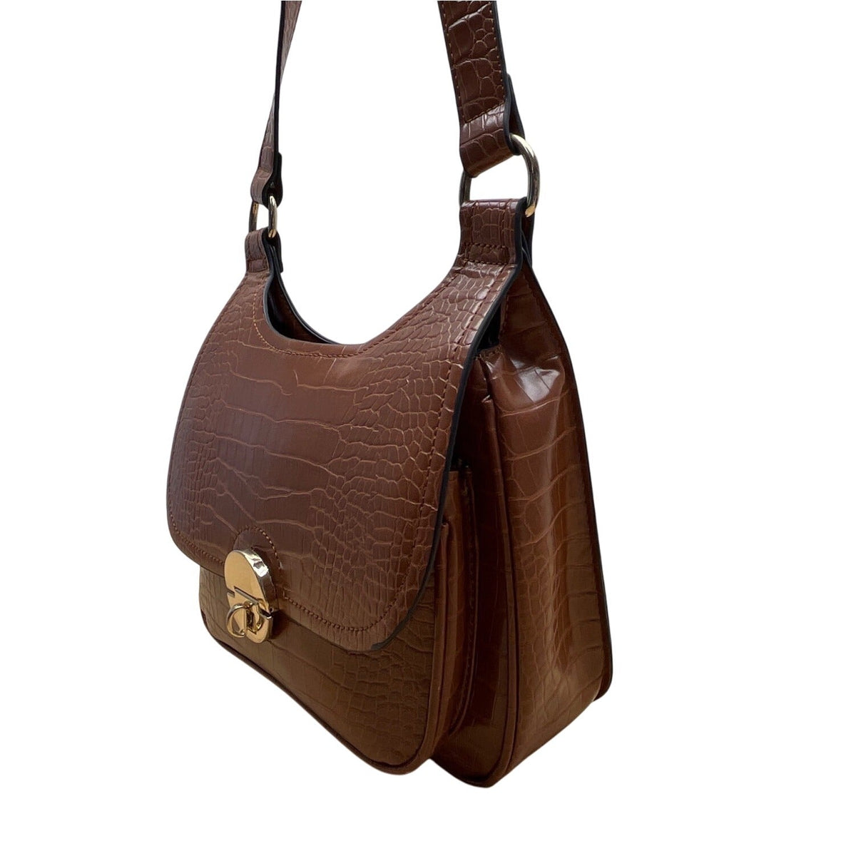 Unbranded Brown Faux Embossed Leather Gold Turn-Lock Closure Crossbody Bag Sz M