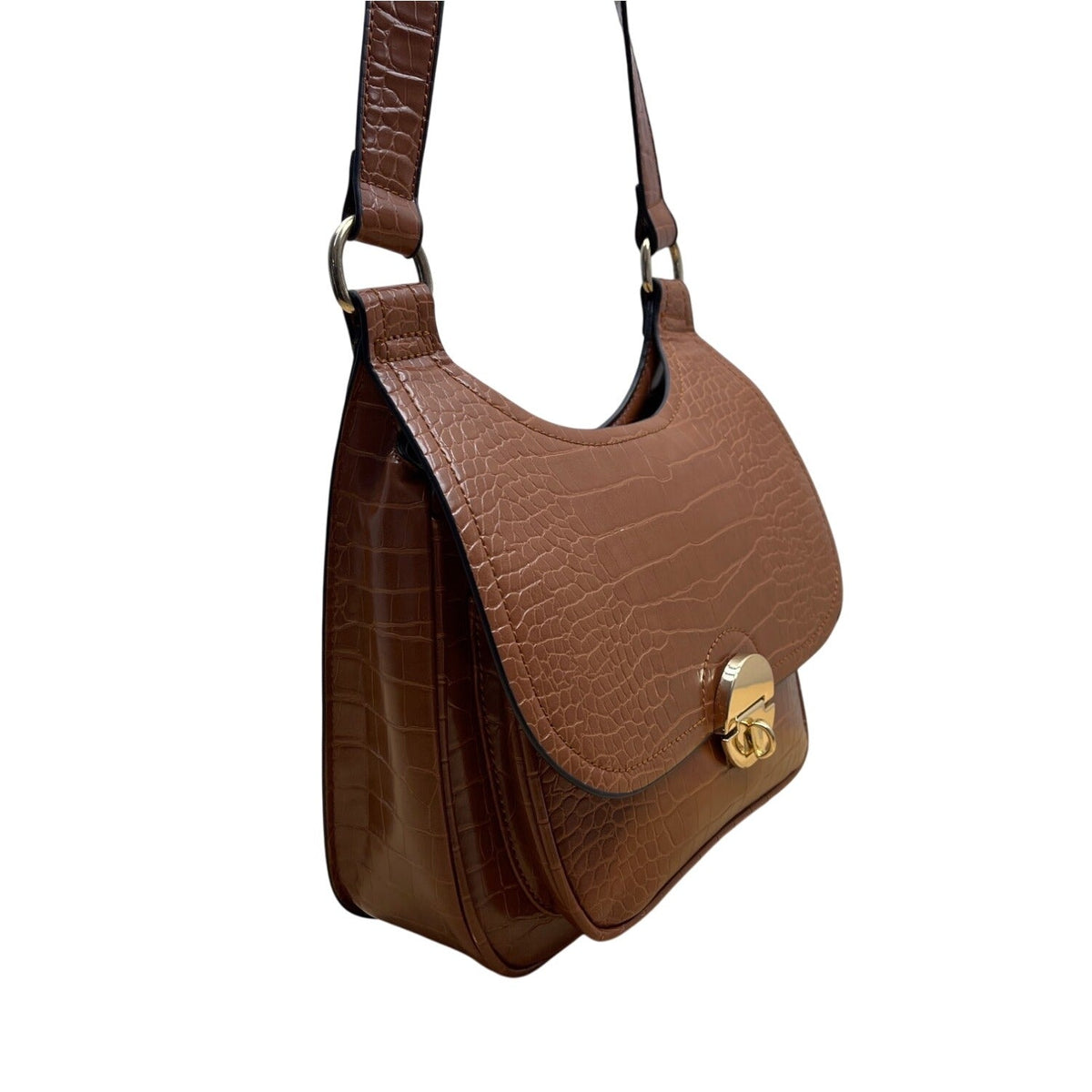 Unbranded Brown Faux Embossed Leather Gold Turn-Lock Closure Crossbody Bag Sz M