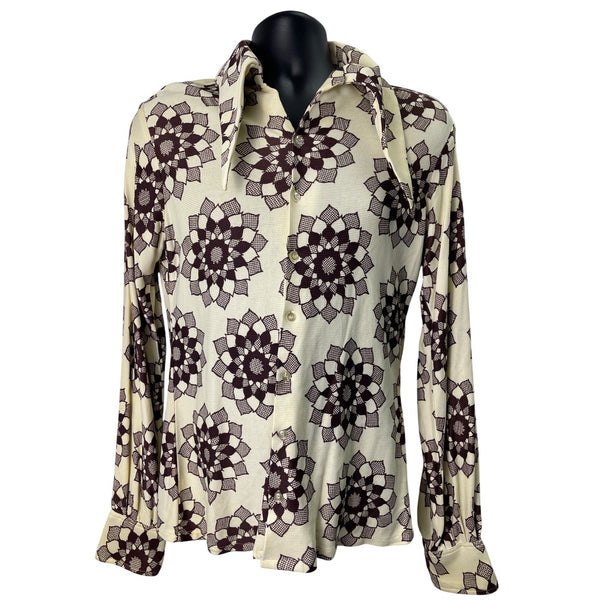 Vintage Jack Brommel Men's Beige Button-Down Floral Long Sleeve Blouse Sz L