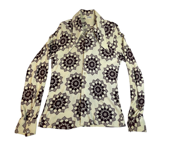 Vintage Jack Brommel Men's Beige Button-Down Floral Long Sleeve Blouse Sz L