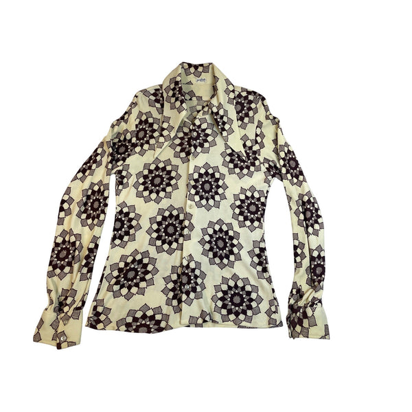 Vintage Jack Brommel Men's Beige Button-Down Floral Long Sleeve Blouse Sz L