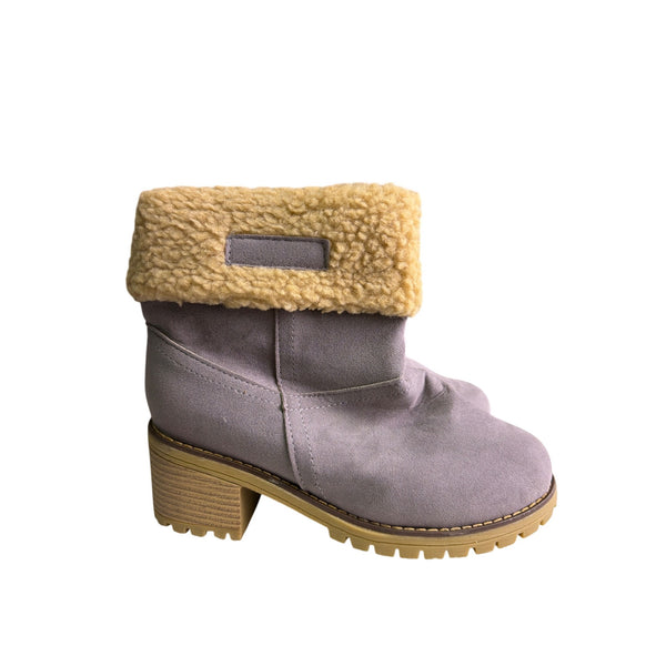 Womens Gray Suede Ankle Boots W/ Faux Shearling Fold-Over Block Heel Size 39 Warm Casual