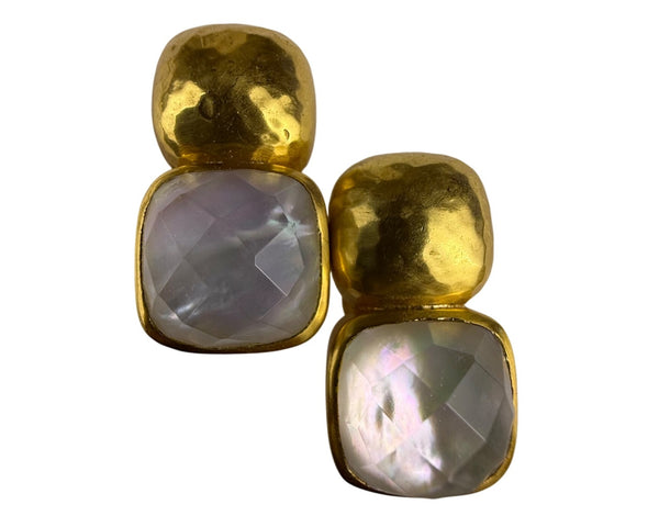 Gold Tone Womens White Mother Of Pearl Clip-On Earrings Hammered Finish Handmade