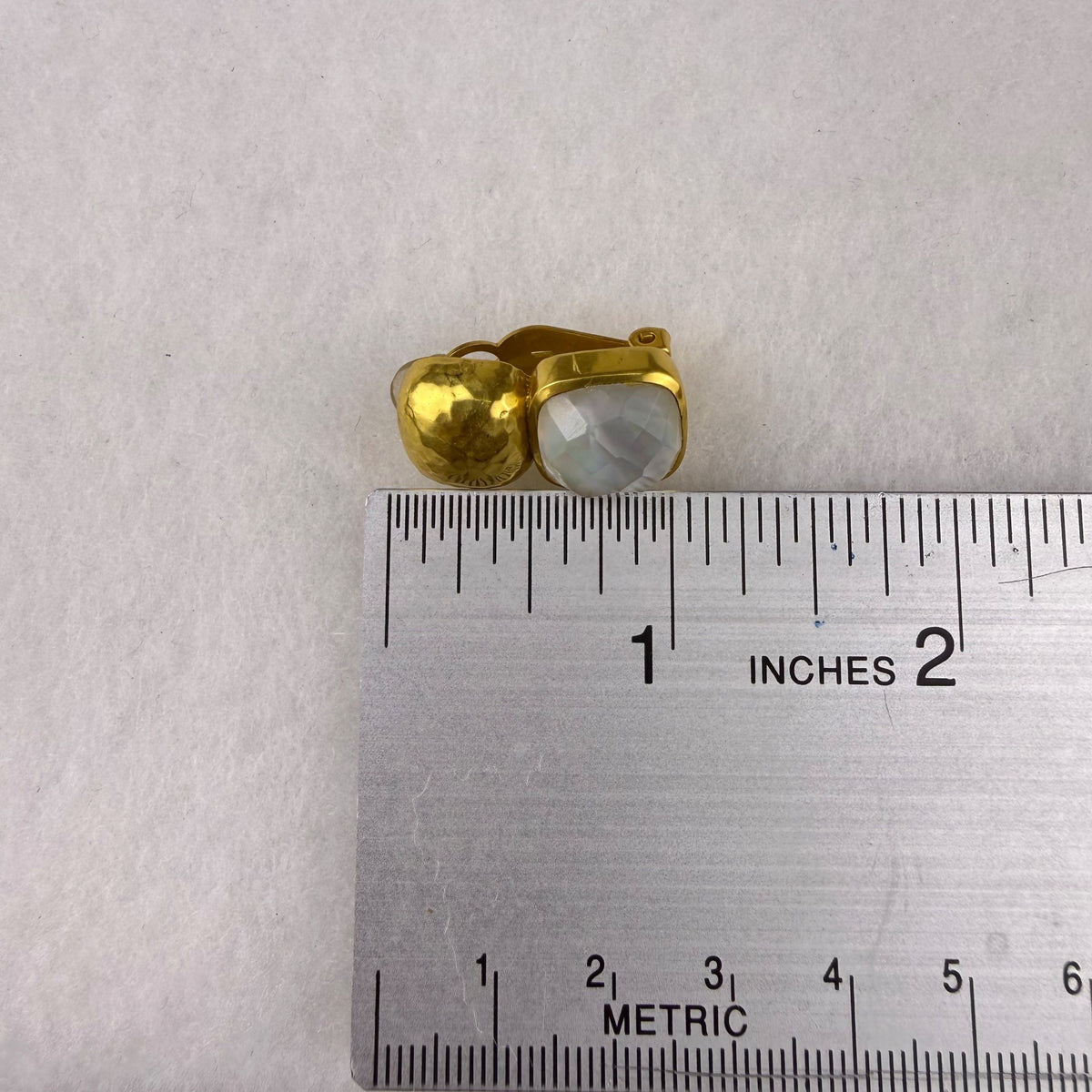 Gold Tone Womens White Mother Of Pearl Clip-On Earrings Hammered Finish Handmade