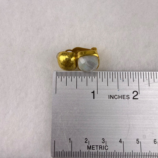 Gold Tone Womens White Mother Of Pearl Clip-On Earrings Hammered Finish Handmade