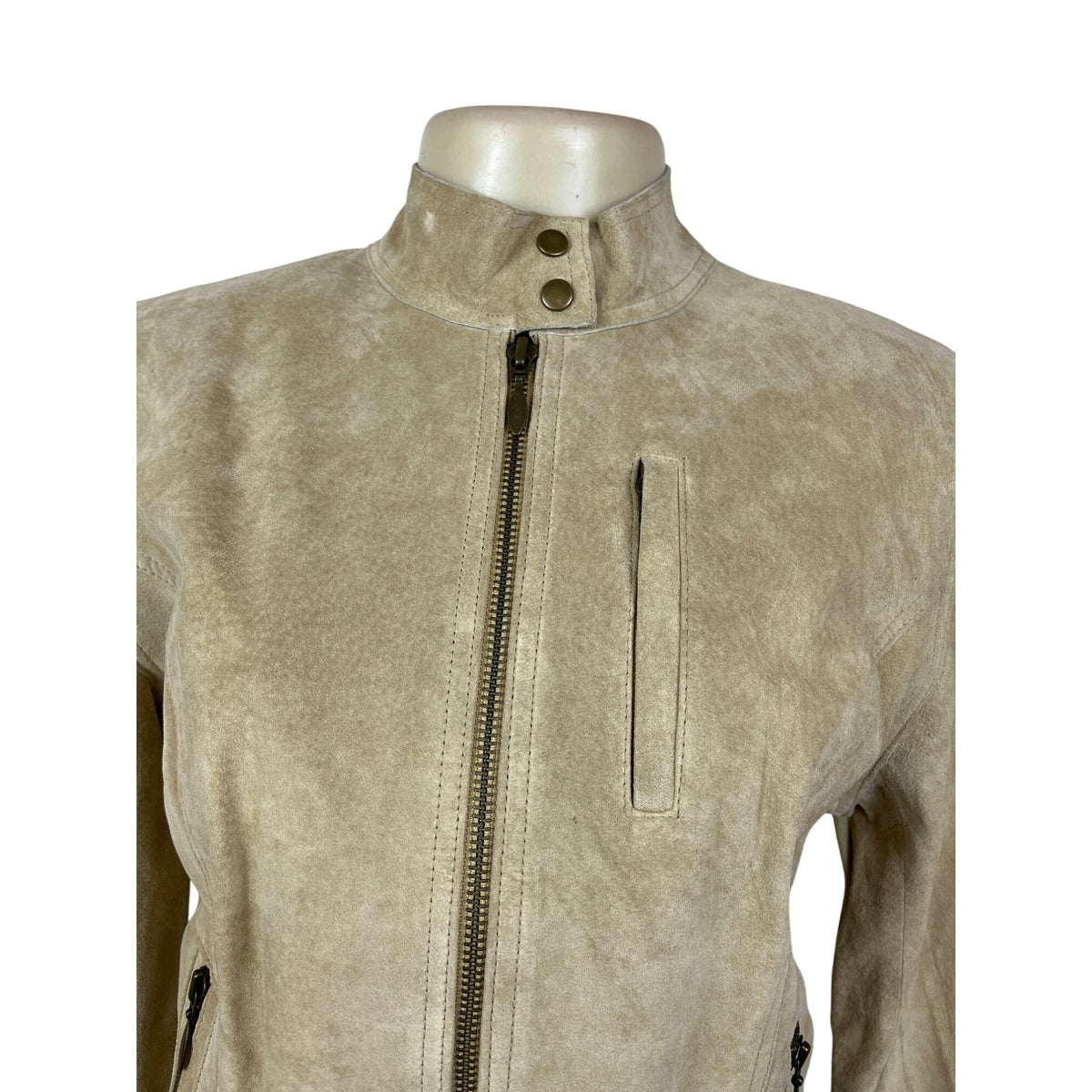 Context Womens Beige Leather Moto Jacket With Zipper Details Sz 6 - New