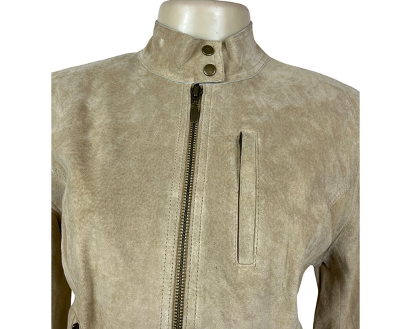 Context Womens Beige Leather Moto Jacket With Zipper Details Sz 6 - New