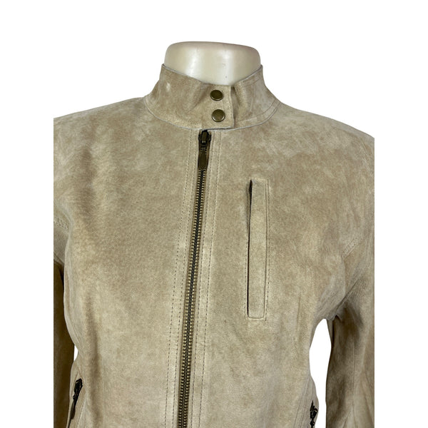 Context Womens Beige Leather Moto Jacket With Zipper Details Sz 6 - New