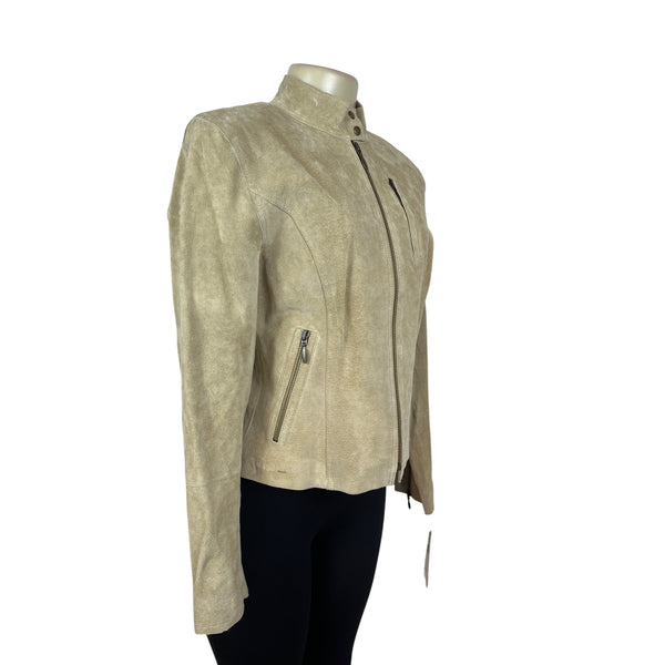 Context Womens Beige Leather Moto Jacket With Zipper Details Sz 6 - New