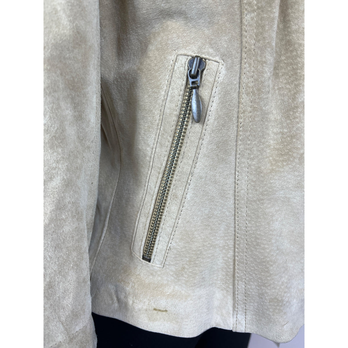 Context Womens Beige Leather Moto Jacket With Zipper Details Sz 6 - New