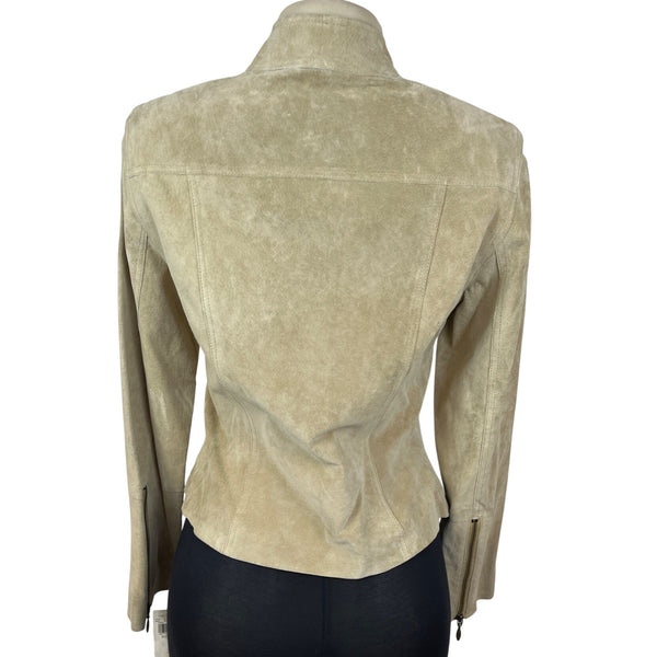 Context Womens Beige Leather Moto Jacket With Zipper Details Sz 6 - New