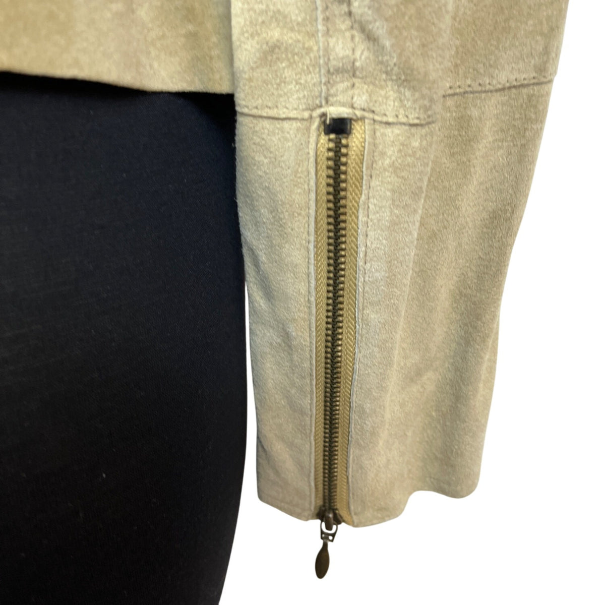 Context Womens Beige Leather Moto Jacket With Zipper Details Sz 6 - New