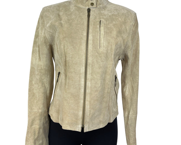Context Womens Beige Leather Moto Jacket With Zipper Details Sz 6 - New