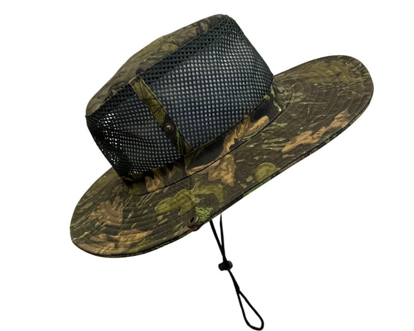 Camo Sun Hat With Mesh Crown & Chin Strap For Outdoor Activities Lightweight & Breathable