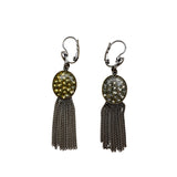 Vintage Silver Leverback Dangle Earrings With Tassel Chain & Yellow Rhinestones