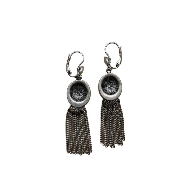 Vintage Silver Leverback Dangle Earrings With Tassel Chain & Yellow Rhinestones