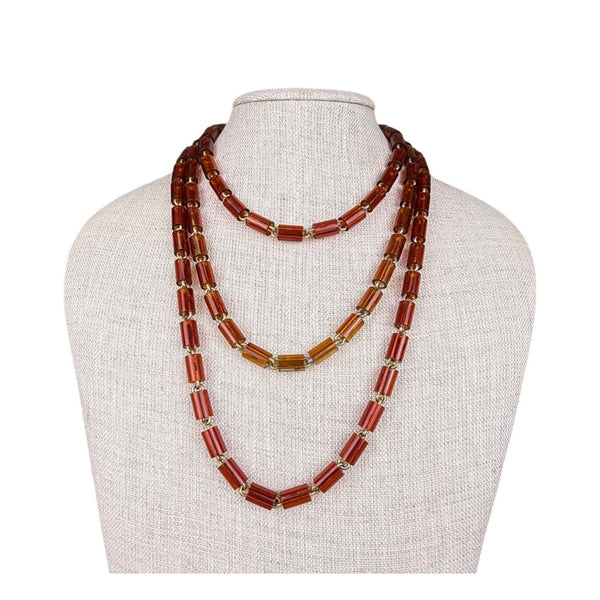 Les Bernard Womens Amber Plastic Bead Necklace Gold Tone Barrel Clasp Vintage