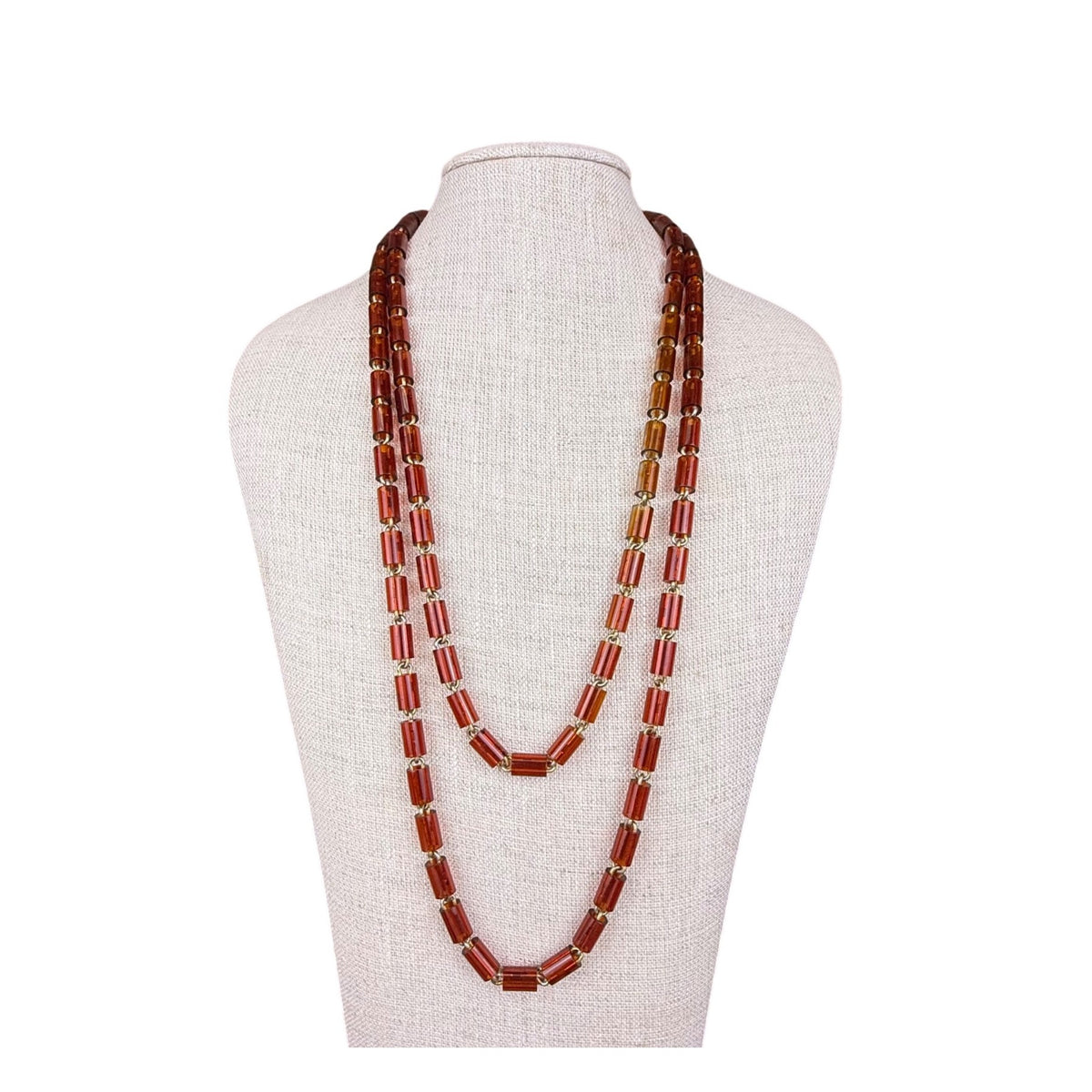 Les Bernard Womens Amber Plastic Bead Necklace Gold Tone Barrel Clasp Vintage