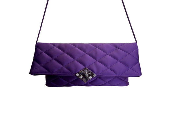Kate Landry Women’s Purple Satin Quilted With Rhinestone Accent Crossbody Clutch