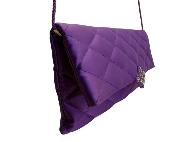 Kate Landry Women’s Purple Satin Quilted With Rhinestone Accent Crossbody Clutch