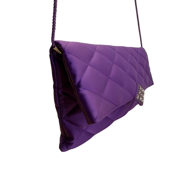 Kate Landry Women’s Purple Satin Quilted With Rhinestone Accent Crossbody Clutch