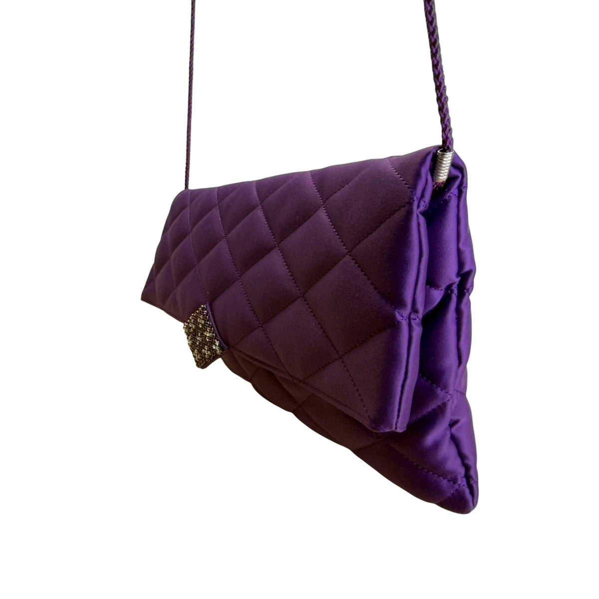 Kate Landry Women’s Purple Satin Quilted With Rhinestone Accent Crossbody Clutch