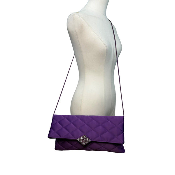 Kate Landry Women’s Purple Satin Quilted With Rhinestone Accent Crossbody Clutch