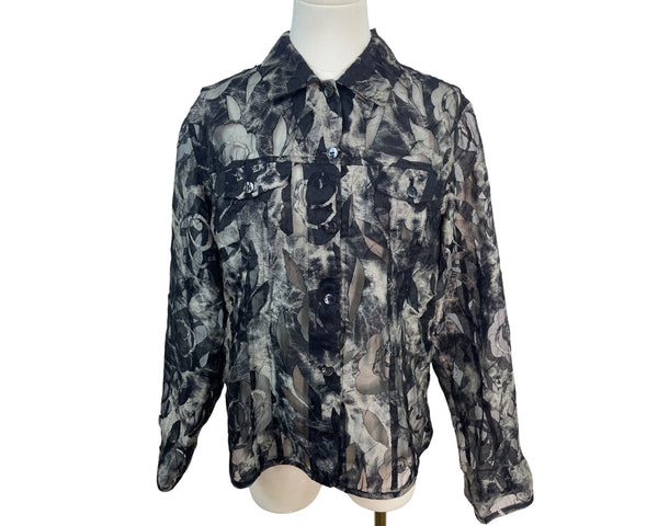 Chico’s Sheer Black & Gray Floral Button-Down Blouse Size 1