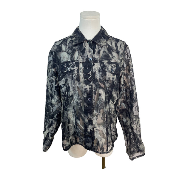 Chico’s Sheer Black & Gray Floral Button-Down Blouse Size 1