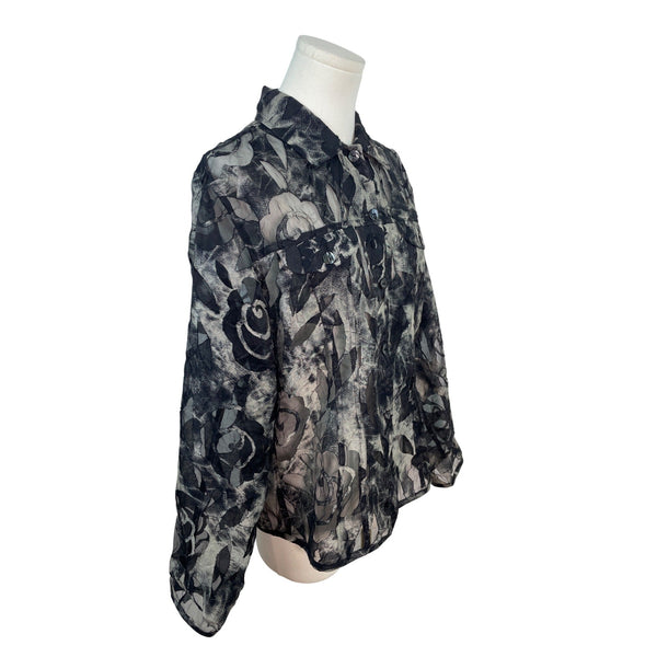 Chico’s Sheer Black & Gray Floral Button-Down Blouse Size 1