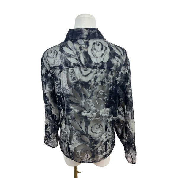 Chico’s Sheer Black & Gray Floral Button-Down Blouse Size 1