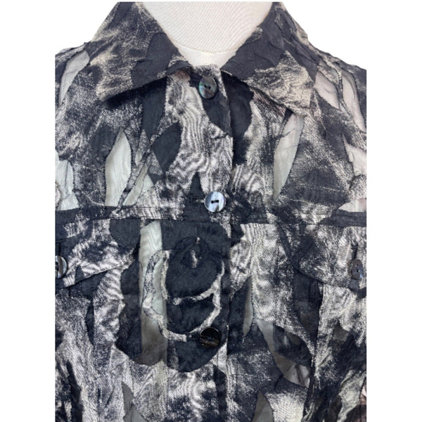 Chico’s Sheer Black & Gray Floral Button-Down Blouse Size 1
