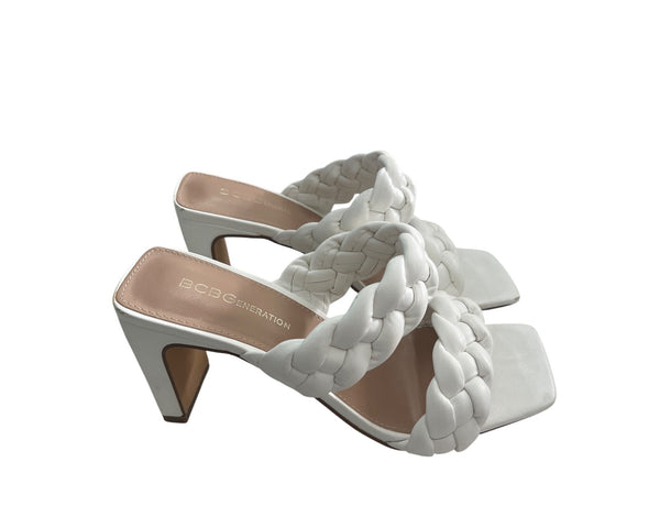BCBGeneration Womens White Faux Leather Braided Strap Heeled Sandals Size 6.5