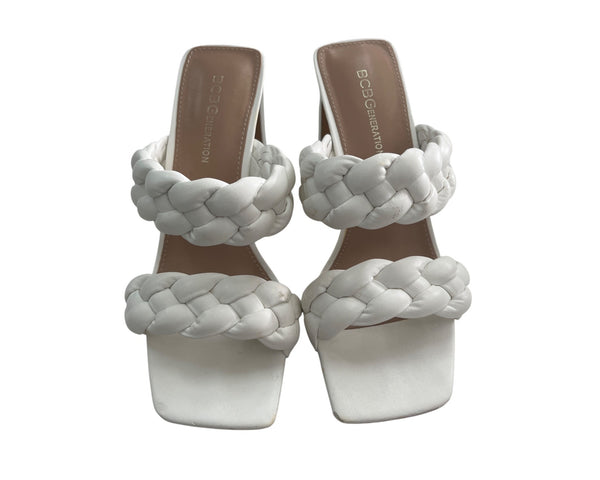 BCBGeneration Womens White Faux Leather Braided Strap Heeled Sandals Size 6.5