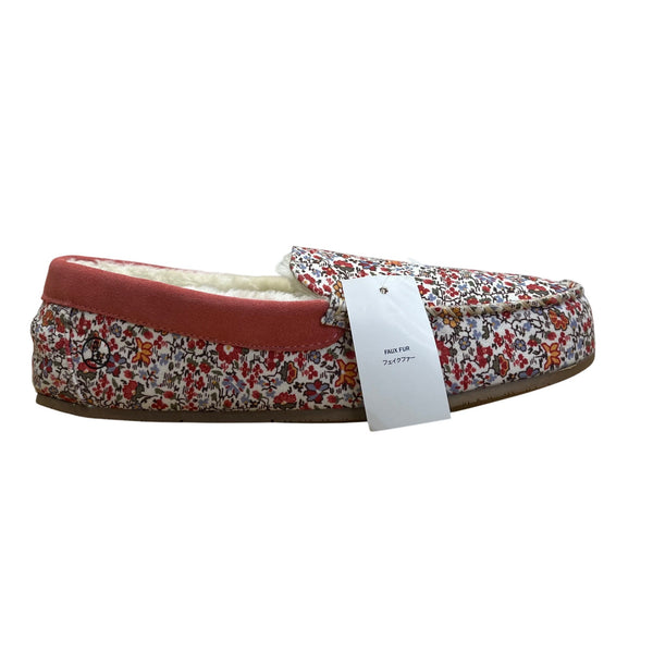 Lands End Women’s Ivory Artisan Floral Plaid Moccasin Slippers Size US 10B