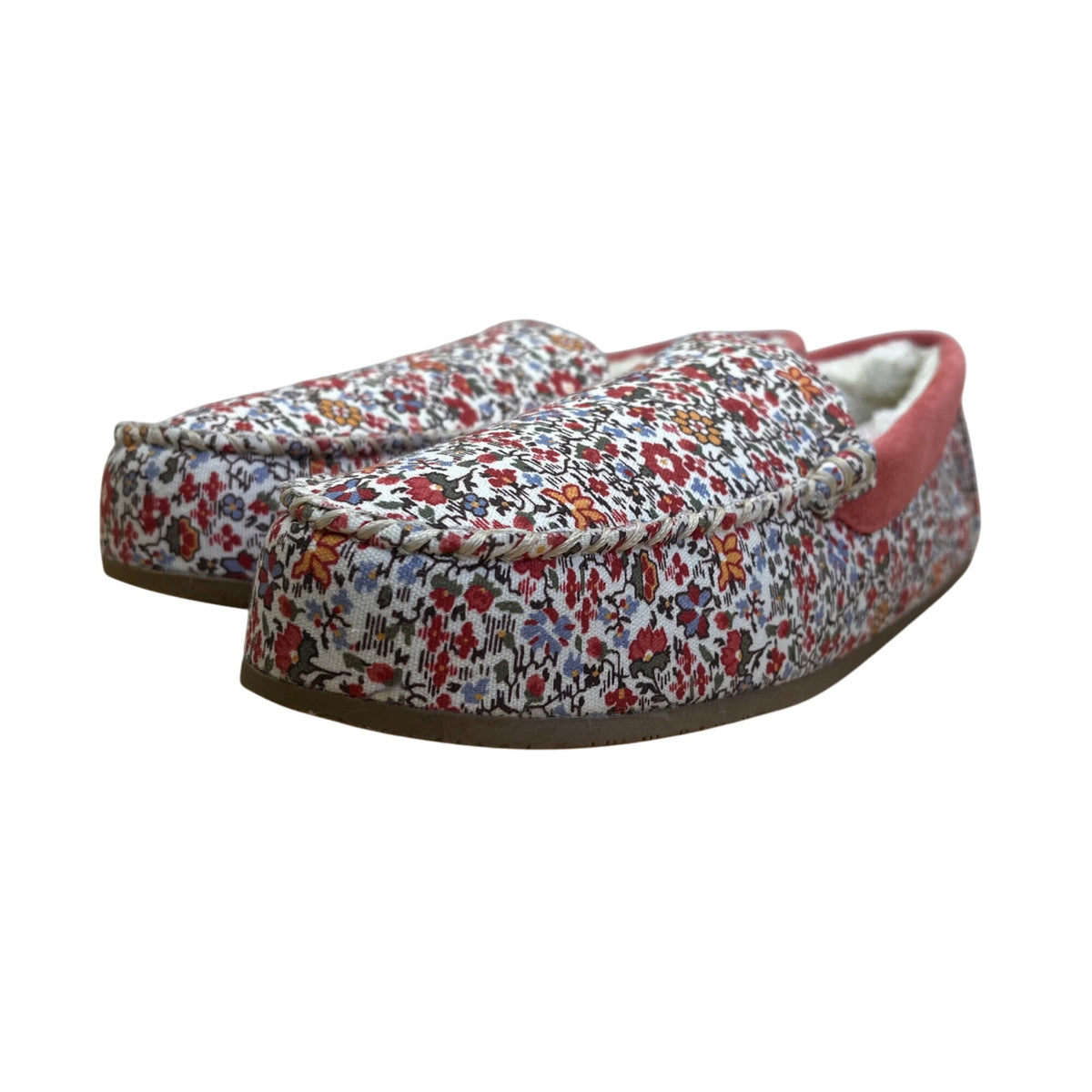 Lands End Women’s Ivory Artisan Floral Plaid Moccasin Slippers Size US 10B