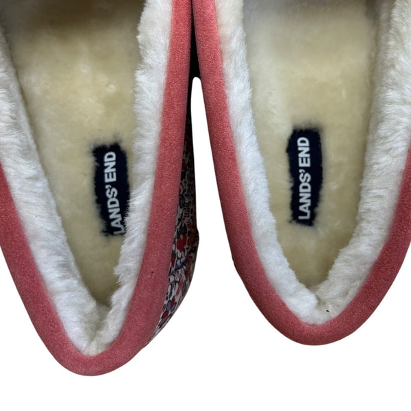 Lands End Women’s Ivory Artisan Floral Plaid Moccasin Slippers Size US 10B